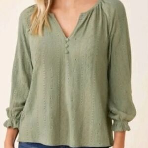 Frye Olive Eyelet V-Neck Peasant Top